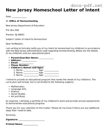 Official  Homeschool Letter of Intent Form for New Jersey