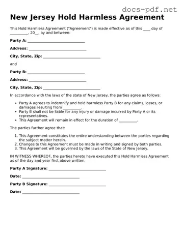 Official  Hold Harmless Agreement Form for New Jersey