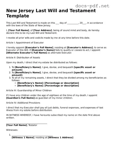 Official  Last Will and Testament Form for New Jersey
