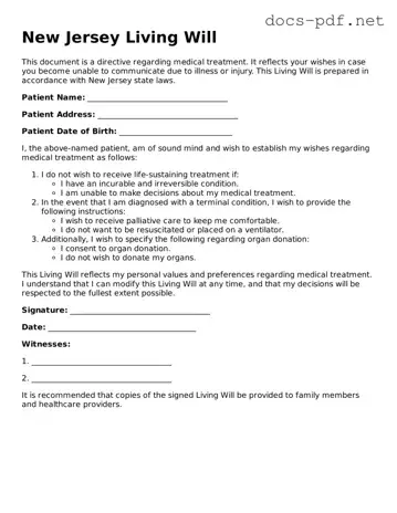 Official  Living Will Form for New Jersey