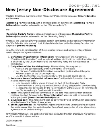 Official  Non-disclosure Agreement Form for New Jersey