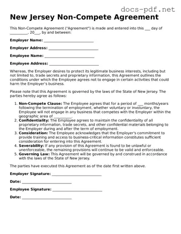 Official  Non-compete Agreement Form for New Jersey