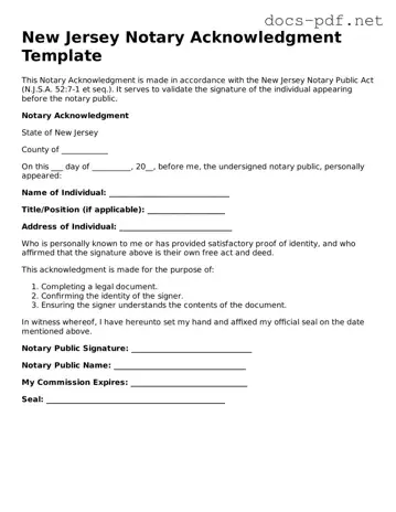 Official  Notary Acknowledgement Form for New Jersey