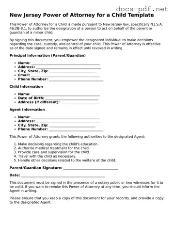 Official  Power of Attorney for a Child Form for New Jersey