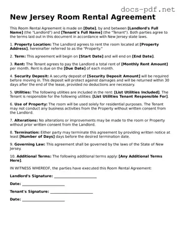 Official  Room Rental Agreement Form for New Jersey