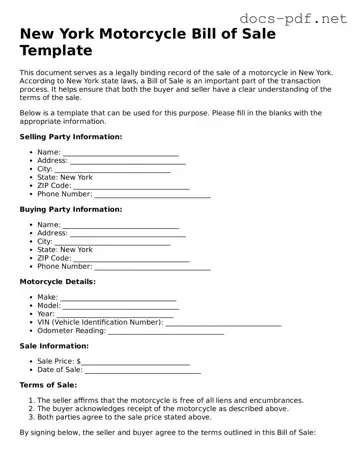 Official  Motorcycle Bill of Sale Form for New York