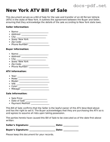 Official  ATV Bill of Sale Form for New York