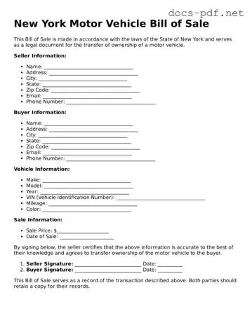Official  Motor Vehicle Bill of Sale Form for New York
