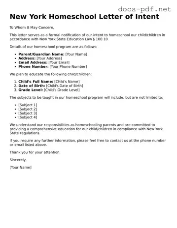 Official  Homeschool Letter of Intent Form for New York