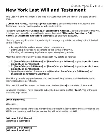 Official  Last Will and Testament Form for New York