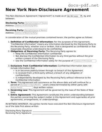 Official  Non-disclosure Agreement Form for New York