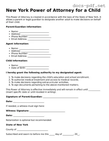 Official  Power of Attorney for a Child Form for New York