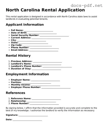 Official  Rental Application Form for North Carolina