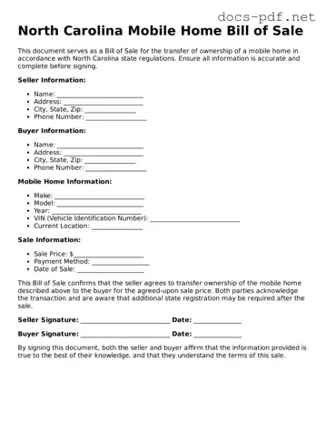Official  Mobile Home Bill of Sale Form for North Carolina