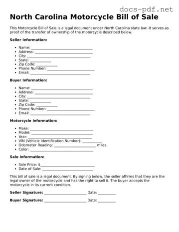 Official  Motorcycle Bill of Sale Form for North Carolina