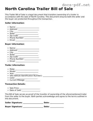 Official  Trailer Bill of Sale Form for North Carolina