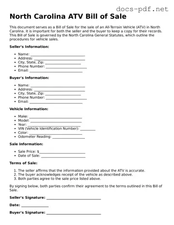 Official  ATV Bill of Sale Form for North Carolina