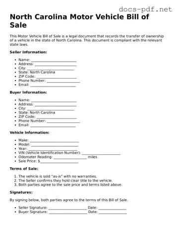 Official  Motor Vehicle Bill of Sale Form for North Carolina