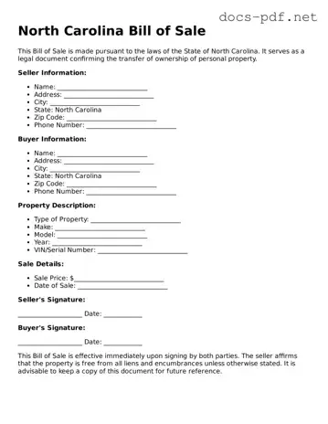 Official  Bill of Sale Form for North Carolina