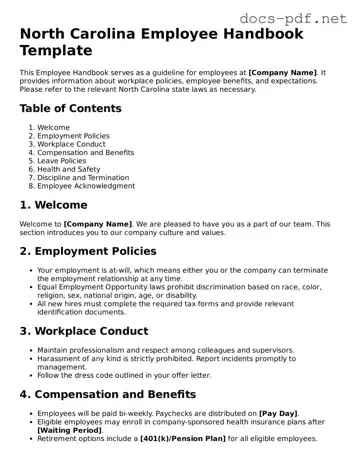 Official  Employee Handbook Form for North Carolina