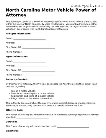 Official  Motor Vehicle Power of Attorney Form for North Carolina