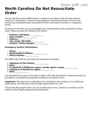 Official  Do Not Resuscitate Order Form for North Carolina