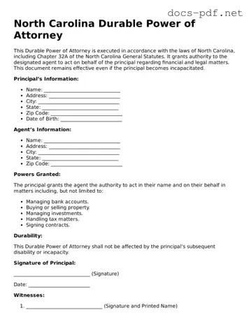 Official  Durable Power of Attorney Form for North Carolina