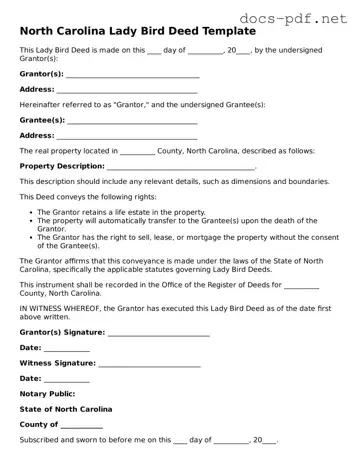 Official  Lady Bird Deed Form for North Carolina