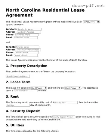 Official  Residential Lease Agreement Form for North Carolina