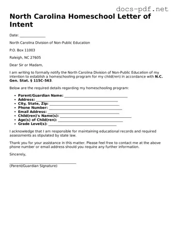 Official  Homeschool Letter of Intent Form for North Carolina