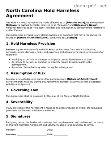 Official  Hold Harmless Agreement Form for North Carolina