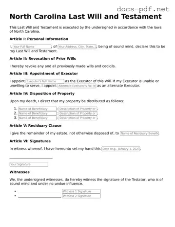 Official  Last Will and Testament Form for North Carolina