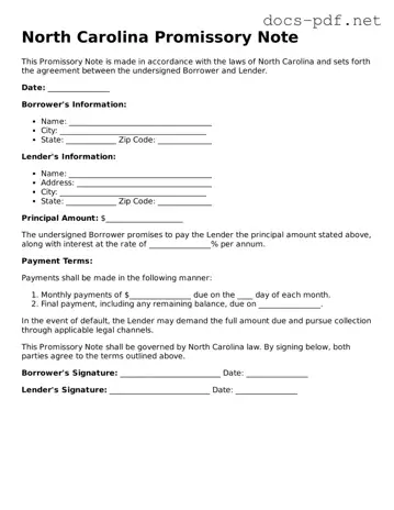 Official  Promissory Note Form for North Carolina