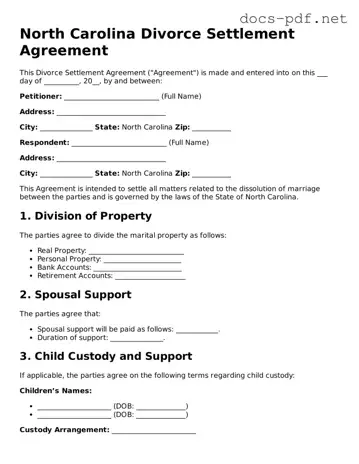 Official  Divorce Settlement Agreement Form for North Carolina