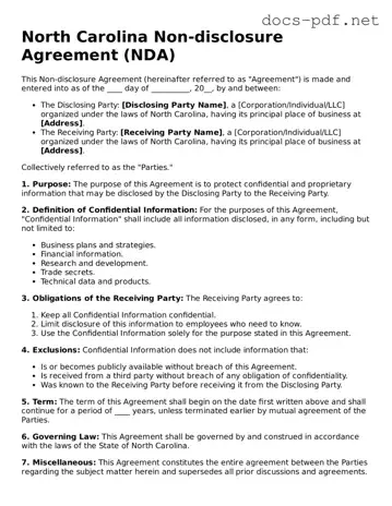 Official  Non-disclosure Agreement Form for North Carolina