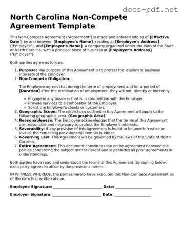 Official  Non-compete Agreement Form for North Carolina