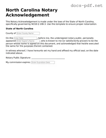 Official  Notary Acknowledgement Form for North Carolina