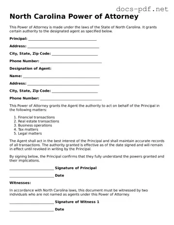 Official  Power of Attorney Form for North Carolina