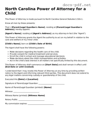 Official  Power of Attorney for a Child Form for North Carolina