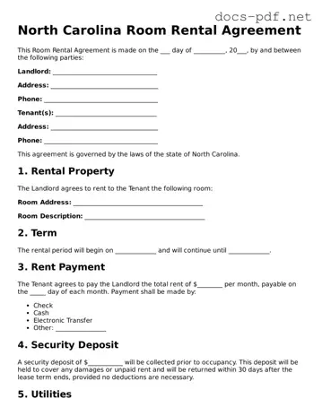 Official  Room Rental Agreement Form for North Carolina