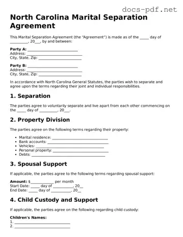 Official  Marital Separation Agreement Form for North Carolina