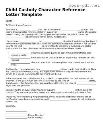 Free Character Reference Letter for Child Custody Document