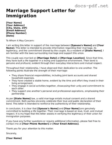Free Marriage Support Letter for Immigration Document