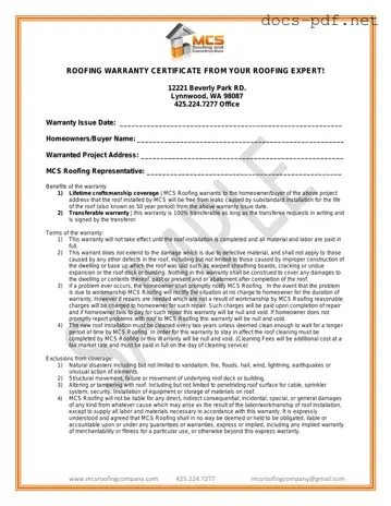 Roofing Warranty Certificate Form in PDF