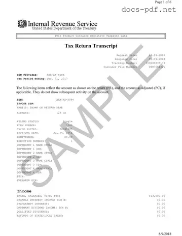 Sample Tax Return Transcript Form in PDF