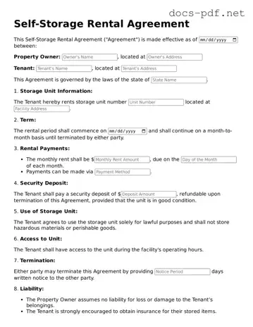 Free Self-Storage Rental Agreement Document
