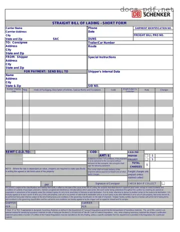 Straight Bill Of Lading Form in PDF