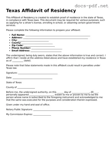 Official  Affidavit of Residency Form for Texas