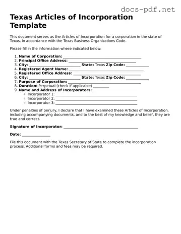 Official  Articles of Incorporation Form for Texas
