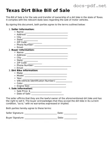 Official  Dirt Bike Bill of Sale Form for Texas